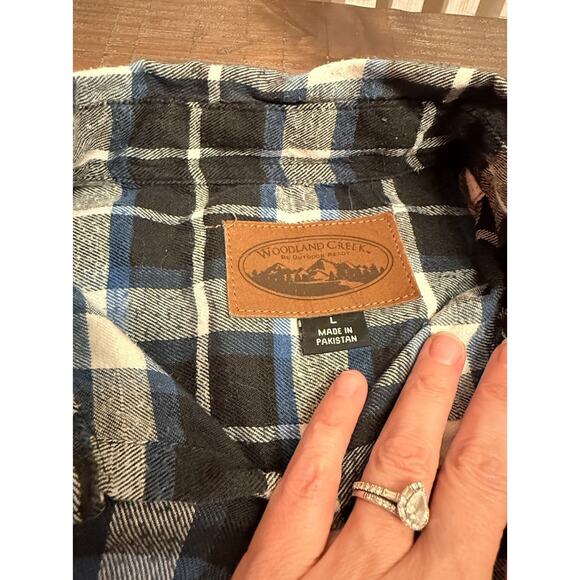 Woodland Creek Men’s L Flannel Shirt Blue Black Plaid Long Sleeve - Picture 3 of 6